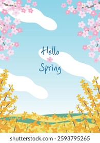 Spring scenery with cherry blossoms and forsythia