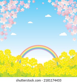 Spring scenery illustration of the cherry tree and canola flower.
