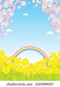 Spring scenery illustration of the cherry tree and canola flower.