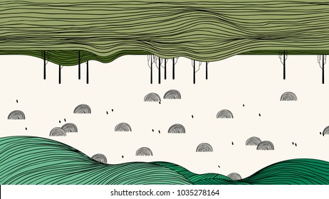 Spring scenery landscape line art ink drawing, field surrounded by forest and small hills