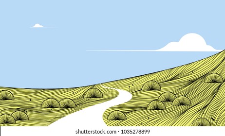 Spring scenery landscape line art ink drawing, road surrounded by flower field on the mountain with blue sky