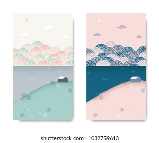 Spring scenery landscape, small house on the hill with sea and cherry blossom park behind, day and night time lapse, postcard template