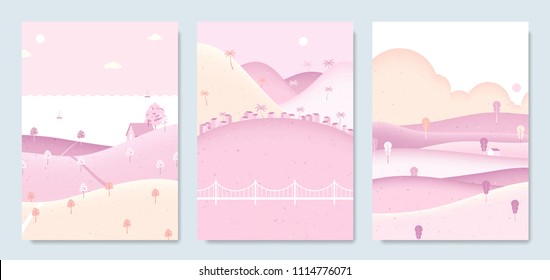 Spring scenery landscape, small house on the hill with sea, seaside small village with mountains and small house on the hill with clouds Spring scenery landscape, small house on the hill with sea, seaside small village with mountains and small house on the hill with clouds