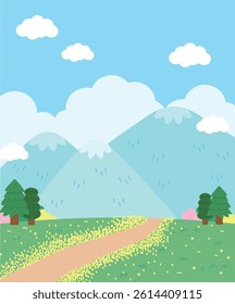 Spring scenery natural background yellow flower road hill