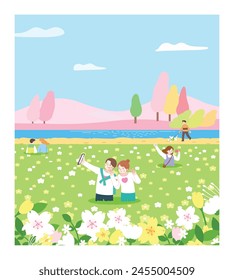 Spring scenery, nature, season, background, lover, friend, field, sky, travel, picnic, landscape,