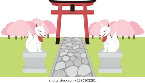Spring scenery with shrine torii gate and Inari statue.