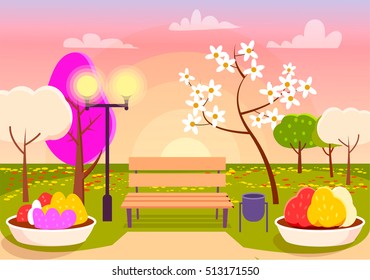 Spring scenery. Urban park with bench, flower beds, colorful trees, sakura blossom. Beautiful spring landscape. Vivid natural panorama. Street lamp, garbage bin. Eco clean environment. Vector