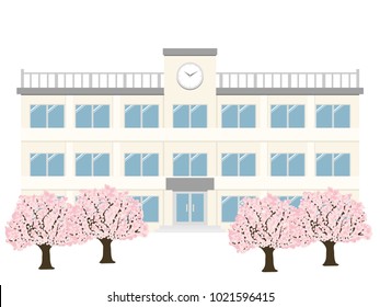 Spring school building and cherry tree.