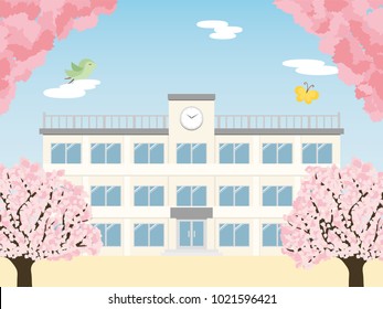 Spring school building and cherry tree.