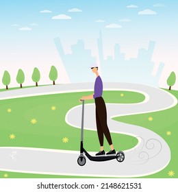 spring scooter ride in the park against the backdrop of the city landscape. Vector cartoon character in a flat style