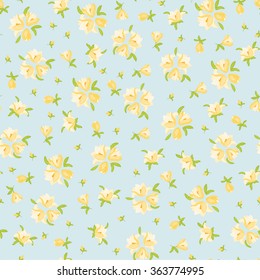 Spring seamless background. Classical luxury old fashioned ornament, royal seamless texture for wallpapers, textile, wrapping. Yellow magnolia flowers seamless pattern on light blue circle background.
