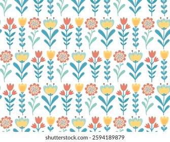Spring seamless background with cute abstract flowers in folk style. Floral decorative pattern 