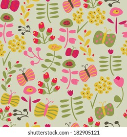 Spring seamless background with cute flowers and butterflies in cartoon style