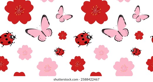 spring seamless background with flowers, butterflies, ladybugs. vector