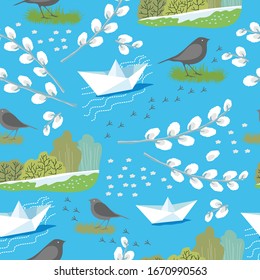 Spring seamless background with melting snow, paper boats, rooks, willow on a bright sky background.