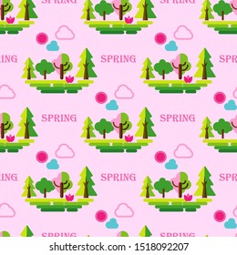 Spring. Seamless background. Season. Trees, grass, clouds in a simple style. Can be used for wallpaper, textile, invitation card, wrapping, web page. background.