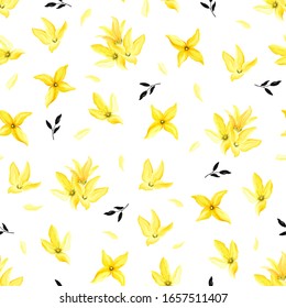 Spring seamless blooming pattern with yellow forsythia and black abstract leaves. Vector floral illustration on white background in vintage watercolor style.
