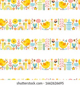 Spring seamless border patern with cute cartoon birds with chickens, flowers, rainbow, insects in a colorful palette. Vector childish illustration in hand-drawn Scandinavian style.