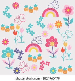 Spring seamless border patern with cute cartoon birds with chickens, flowers, rainbow, insects in a colorful palette. Vector childish illustration in hand-drawn Scandinavian style.