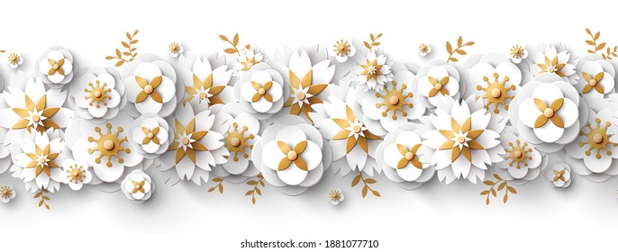 Spring seamless border with white paper cut flowers and golden leaves isolated on bright background. Vector illustration. Cute design for posters, brochures or vouchers, wedding save the date cards.