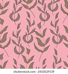 Spring seamless color pattern with sprigs. Vector stock illustration for fabric, textile, wallpaper, posters, paper. Fashion print. Branch with leaves. Doodle style.