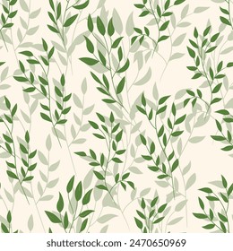 Spring seamless color pattern with sprigs. Vector stock illustration for fabric, textile, wallpaper, posters, paper. Fashion print. Branch with leaves. Doodle style.