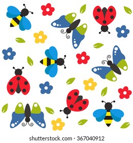 Spring seamless colorful pattern with insects and flowers