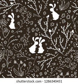 Spring. Seamless dark vector pattern with flowers, birds and rabbit silhouette. Sketch sketching style vector illustration.
