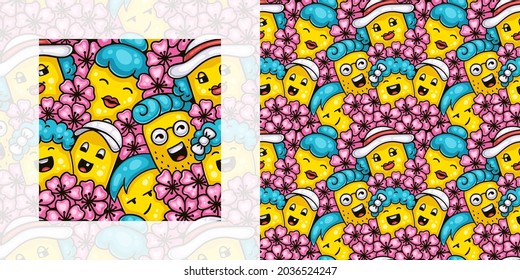 Spring seamless doodle pattern of kids and adults enjoying cherry blossom