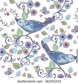 Spring seamless floral pattern with birds, hearts and butterflies. Decorative ornament backdrop for fabric, textile, wrapping paper.