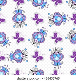 Spring seamless floral pattern with colorful gradient flowers and translucent polka dots (vector EPS 10)