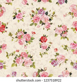 Spring seamless floral pattern with roses. Elegance wallpaper vector illustration. Vintage decorative template for congratulation design