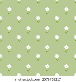 Spring seamless floral pattern. Simple background of small white flowers. Small flowers on green background. Vector for printing on surfaces, covers, phone cases, texrile, dress. Cute flowers