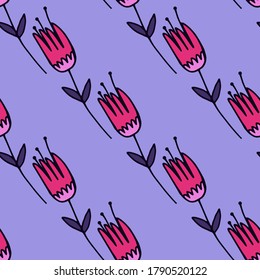 Patrón floral sin fisuras primaveral con siluetas tulipanas en tonos rosados sobre fondo azul. Marco decorativo y sencillo. Impresión perfecta para papel pintado, papel envolvente, textil, tela. Ilustración vectorial.