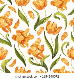 Spring seamless floral pattern with yellow tulip flowers, leaves and petals on a white background. Hand drawn, high realistic, vector, flowers for fabric, prints, decoration, invitation cards.