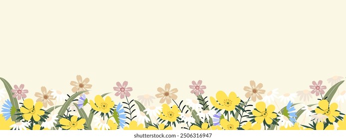 Spring seamless floral pattern,Winter Aconite Flower on Yellow background,Horizontal banner Pattern Summer floral blooming flower border frame.Vector illustration Endless botanical flat design