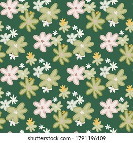 Spring seamless floristic pattern with abstract chamomile figures. Green background. Designed for wallpaper, textile, wrapping paper, fabric print. Vector illustration.