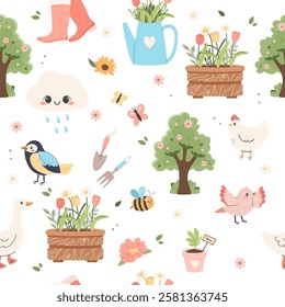 Spring seamless flower pattern - cute birds, flowers,  butterflies, gardening tools  and decorations. Hand drawn flat cartoon elements. Vector illustration. Poster, card, scrapbooking, sticker kit