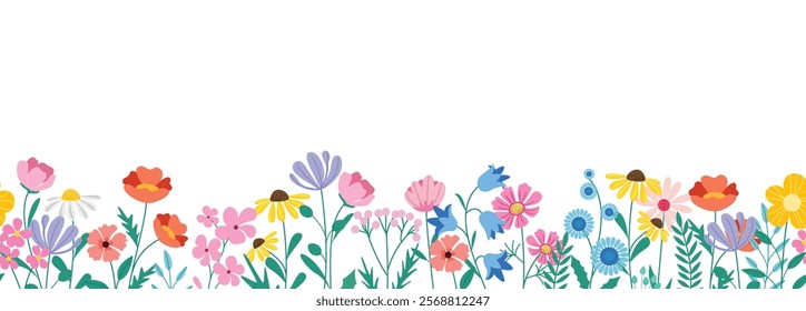 Spring seamless flowers clipart banner. Flower drawing in continuous and endless background clip art for editable wallpaper seasonal design. Vector illustration spring seamless background. 
