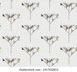 Spring seamless geometric pattern with the image of trees, forests, triangles. Vector design for web banner, business presentation, brand package, fabric, print, wallpaper, postcard.