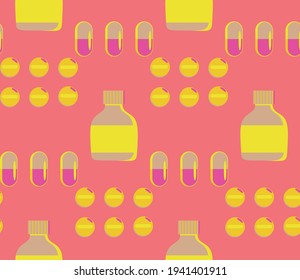 Spring seamless geometric pattern with the image of pills, medicines. Vector design for web banner, business presentation, brand package, fabric, print, wallpaper, postcard.