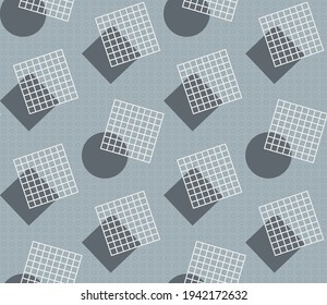 Spring seamless geometric pattern with the image of squares, grids, circles. Vector design for web banner, business presentation, brand package, fabric, print, wallpaper, postcard.