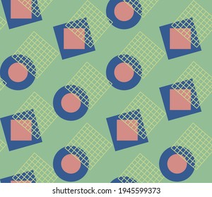 Spring seamless geometric pattern with the image of squares, grids, circles. Vector design for web banner, business presentation, brand package, fabric, print, wallpaper, postcard.