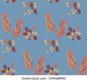 Spring seamless geometric pattern with the image of pebbles, summer shoes, sand, rest. Vector design for web banner, business presentation, brand package, fabric, print, wallpaper, postcard.