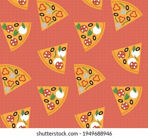 Spring seamless geometric pattern with the image of pizza, vegetables, food. Vector design for web banner, business presentation, brand package, fabric, print, wallpaper, postcard.