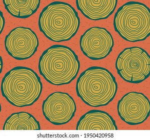 Spring seamless geometric pattern with the image of a tree, circles, a cut of the trunk. Vector design for web banner, business presentation, brand package, fabric, print, wallpaper, postcard.