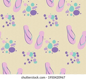 Spring seamless geometric pattern with the image of pebbles, summer shoes, sand, rest. Vector design for web banner, business presentation, brand package, fabric, print, wallpaper, postcard.