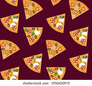 Spring seamless geometric pattern with the image of pizza, vegetables, food. Vector design for web banner, business presentation, brand package, fabric, print, wallpaper, postcard.