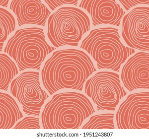 Spring seamless geometric pattern with the image of a tree, circles, a cut of the trunk. Vector design for web banner, business presentation, brand package, fabric, print, wallpaper, postcard.