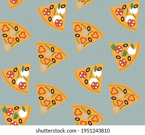 Spring seamless geometric pattern with the image of pizza, vegetables, food. Vector design for web banner, business presentation, brand package, fabric, print, wallpaper, postcard.